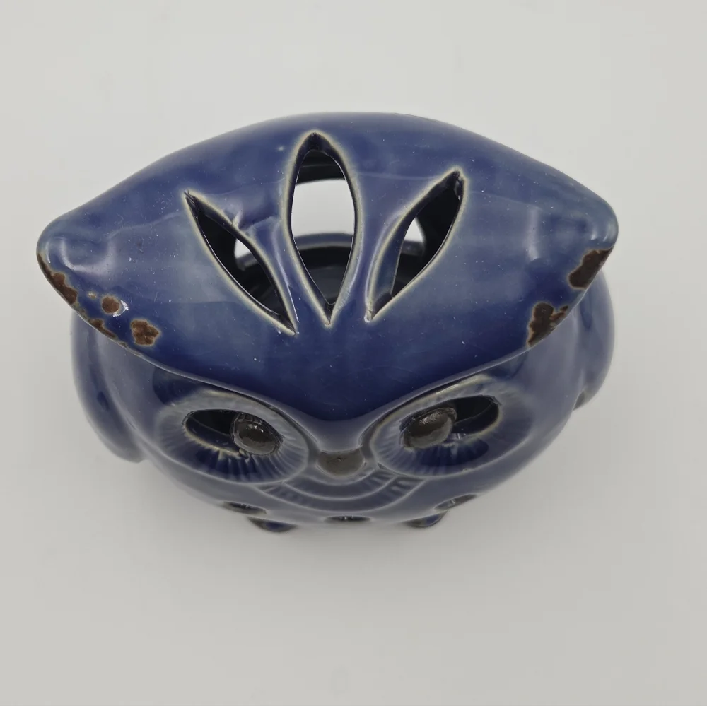 Owl Luminary Candle Votive‎ MCM Stoneware Pottery Blue Decor Cut Outs 5